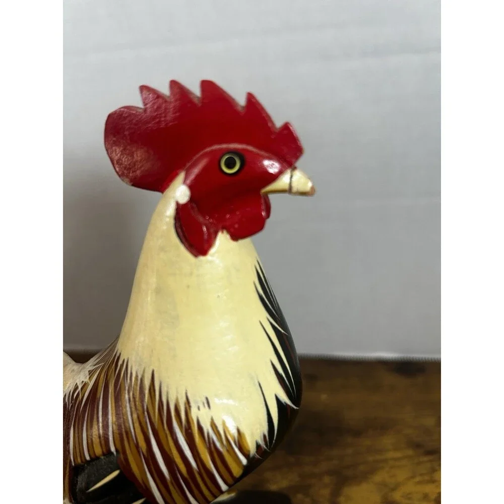 Vintage Hand Carved Wooden Rooster Statue Folk Art Farmhouse Home Decor Display